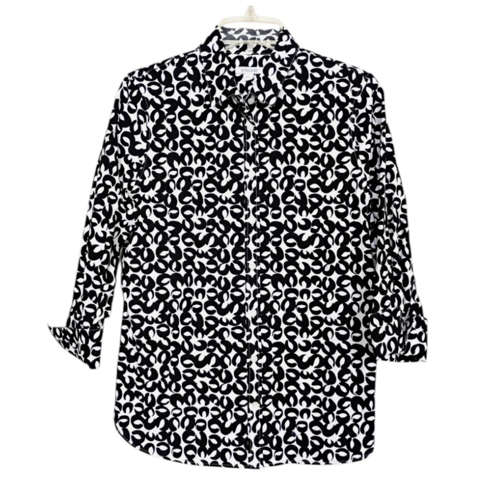 CHICO'S Black & White ABSTRACT CIRCLES Button-Up Shirt Top 3/4-CUFFED sz 1/8/M